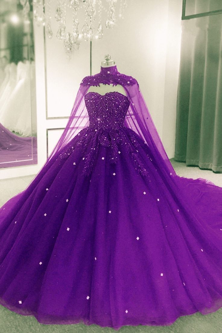 Ball Gown Sweet 16, Purple Ball Gown, Quinceanera Themes Dresses, Purple Quinceanera Dresses, Sweet 16 Dress, Dress With Cape, Purple Wedding Dress, Pretty Quinceanera Dresses, Purple Gowns