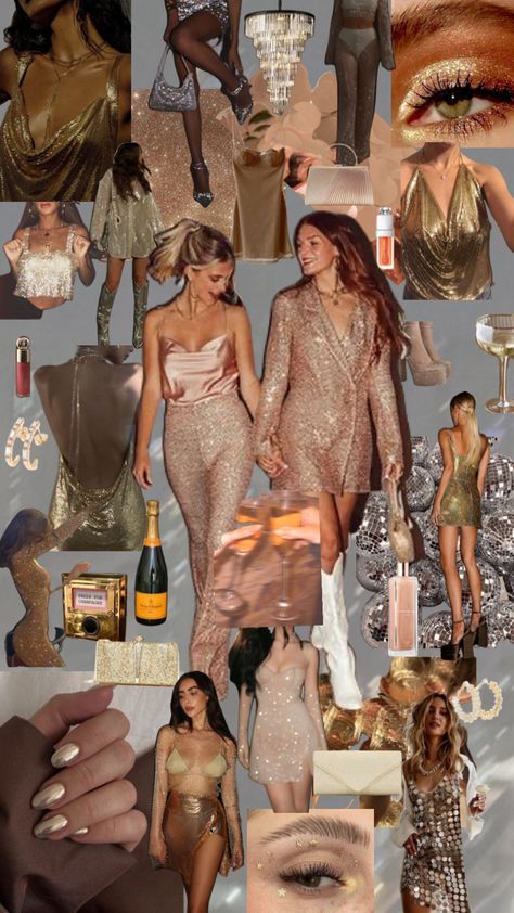 collage of photos with women in gold dresses, champagne bottles and other things on them