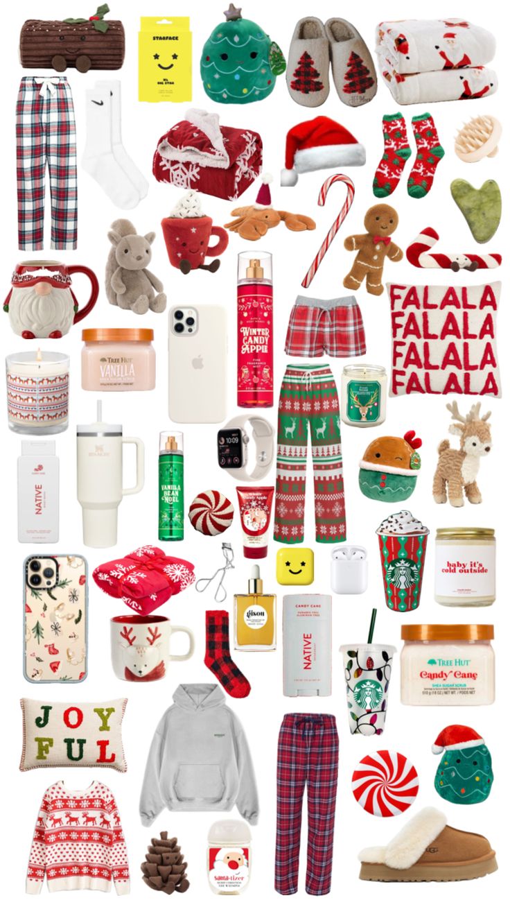 a collage of christmas items including socks, sweaters and other holiday decorations is shown