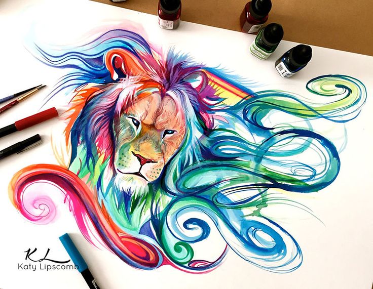 a drawing of a lion with colorful manes on it's head and eyes