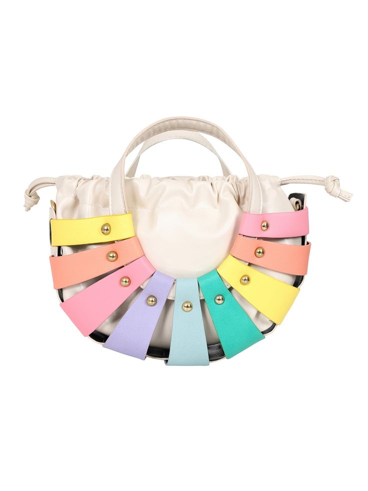 Our Dreamy Rainbow Stripe Bag is just so fun! It’s a colourful style made from PU, featuring pastel coloured tabs which contrast against it’s white body. It’s a bucket bag style that fastens via drawings. It has a matching top handle and includes a removable shoulder strap. Measurements: Length 23cm ,Width 31 cm ,Depth 7 cm ,Strap 132 cm Fabric: 100% Pu , Lining Polyester Modern Multicolor Satchel With Detachable Handle, Everyday White Satchel With Round Handle, Playful Shoulder Bag For Everyday Use In Spring, Trendy Bucket Bag With Adjustable Strap And Round Handle, Playful White Bags For Spring, White Satchel With Detachable Strap And Round Handle, Modern Multicolor Spring Bags, White Bucket Bag With Detachable Strap Satchel, Chic Multicolor Satchel With Detachable Strap