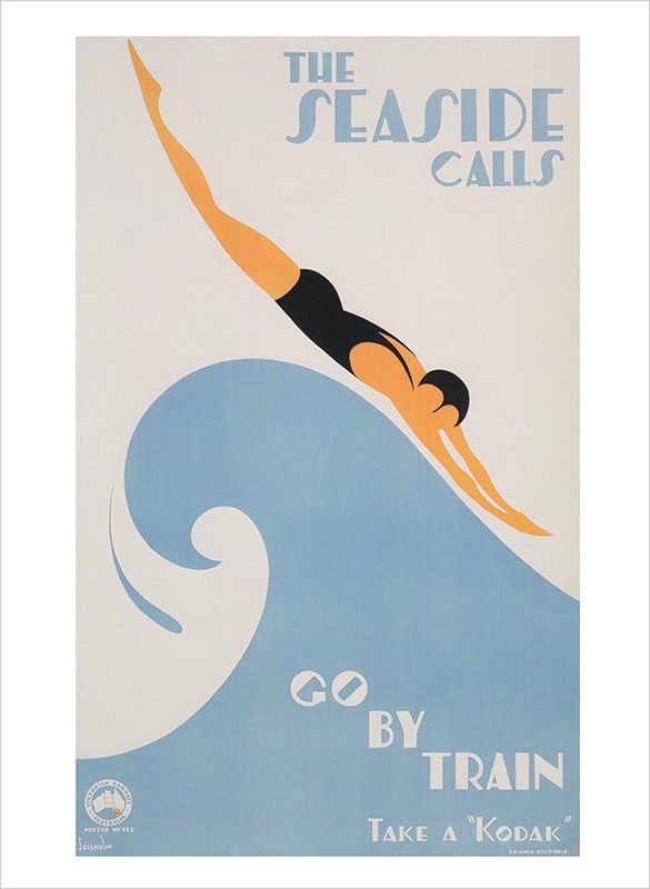 an advertisement for the seaside calls shows a woman swimming on top of a large wave