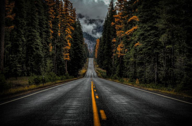 an empty road surrounded by trees with clouds in the sky above it and yellow lines down the middle