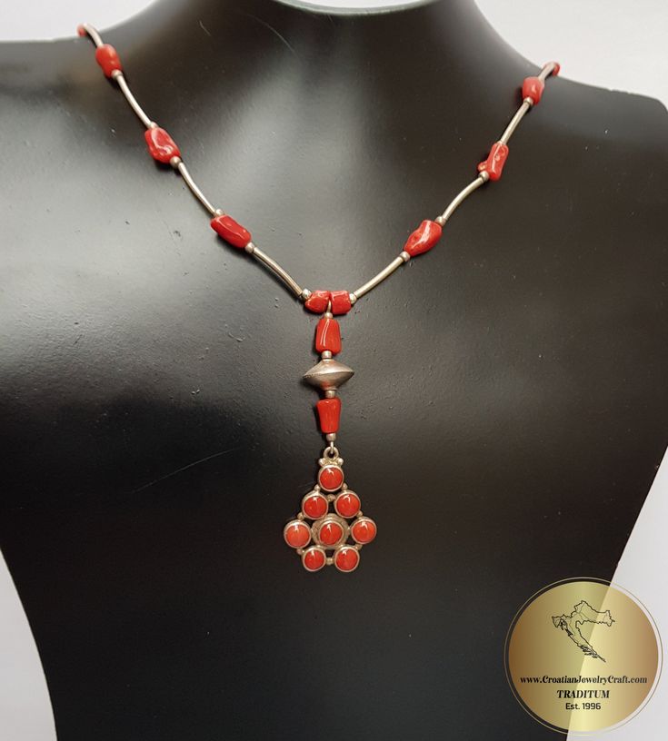 "◎ Unique handcrafted necklace made of precious Mediterranean coral, which is unique, all natural and hasn't been treated or dyed in any way. Adorned with tube elements, and coral-inlaid pendant. Everything is handmade with solid sterling 925 silver. ◎ Length: 42.5 cm ( 16.73\" ) Pendant dimensions: 6 x 2 cm ( 2.36 x 0.78\" ) Color: light-red ◎ Enter the shop, for more of our jewelry, and matching earrings ;) ◎ - - - - - - - - - - - - - - - - - - - - - - - - - - - - - - - - - - - - - - - - - - - Artisan Red Coral Necklaces For Jewelry Making, Traditional Red Necklace With Natural Stones, Handmade Spiritual Red Coral Necklace, Hand-strung Red Coral Necklace Gift, Red Amulet Necklace With Polished Beads, Multi-strand Red Coral Beaded Necklace For Gift, Red Coral Jewellery, Multi-strand Red Coral Necklace, Bohemian Hand-strung Red Coral Necklaces