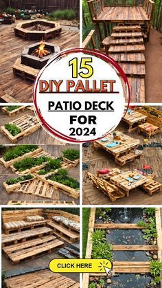 the cover of diy pallet patio deck for 2021 is shown in several different pictures