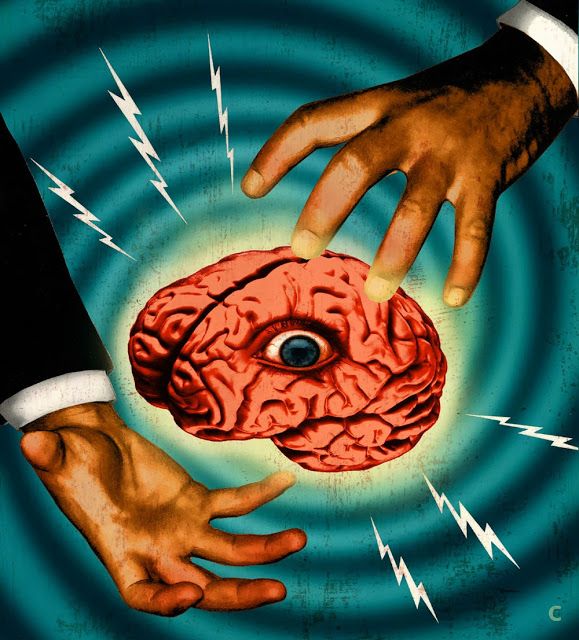 two hands reaching out to touch a human brain