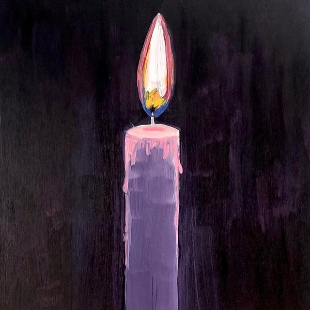 a painting of a purple candle with a lit candle on it's end, in front of a black background