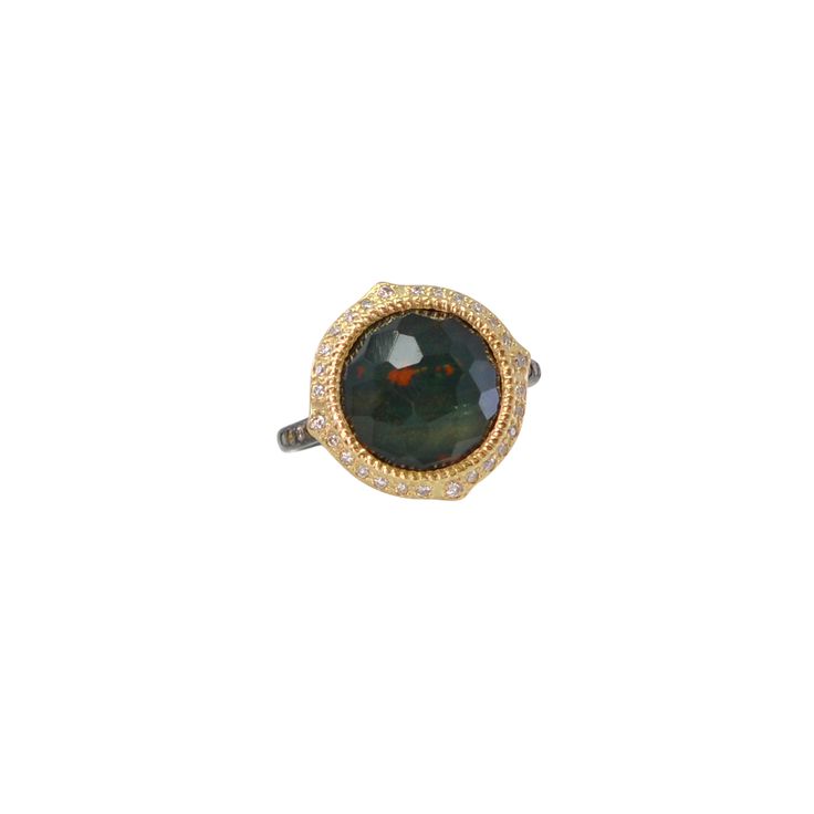 18k Yellow Gold and Blackened Sterling Silver pointed 12mm round Bloodstone/ white quartz doublet ring with white and champagne diamonds. Luxury Round Ruby Ring, Luxury Diamond Ring With Gemstone Accents, Luxury Diamond Ring With Gemstone Accents, Round Cut, Fine Jewelry Diamond Ring With Gemstone Accents, Luxury Round Sapphire Ring With Gemstone Accents, Luxury Opal Ring With Diamond And Gemstone Accents, Elegant Opal Ring With Bezel Setting, Luxury Diamond Opal Ring With Gemstone Accents, Luxury Round Opal Ring With Bezel Setting