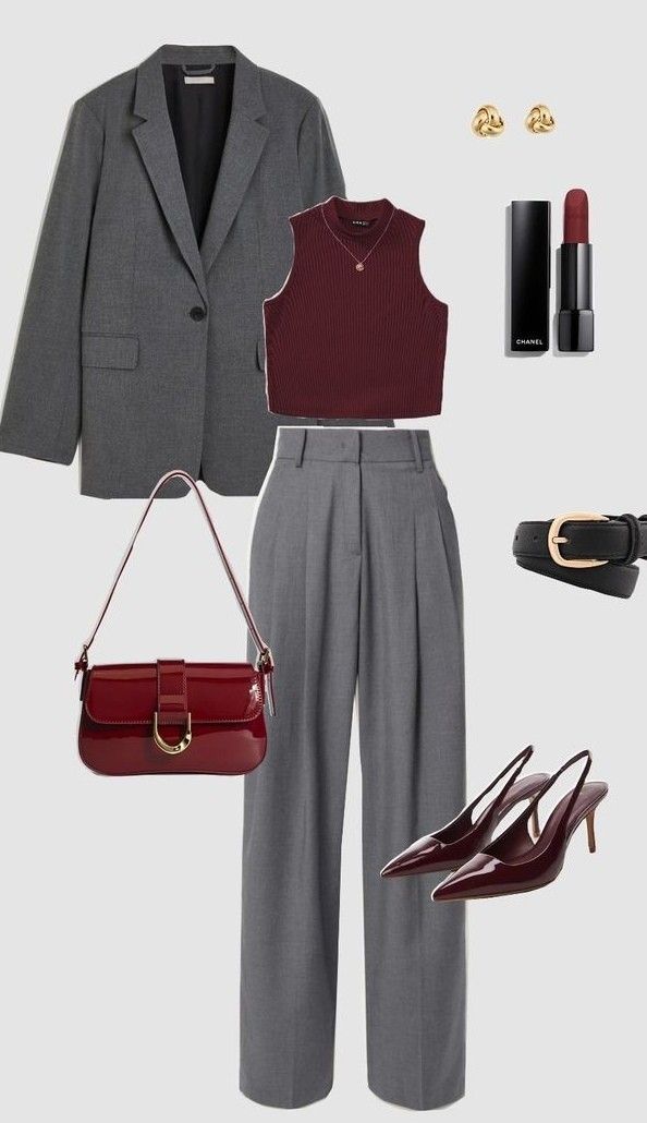 Autumn Formal Outfit, Gray Clothes Aesthetic, Gray And Burgundy Outfit, Red Gray Aesthetic, Gray And Red Aesthetic, Gray And Red Outfit, Burgundy And Grey Outfits, Grey And Red Outfits, Red And Gray Outfit