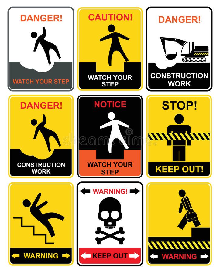 various warning signs are displayed on a white background with black and yellow lettering that says danger, watch your step, construction work, keep out