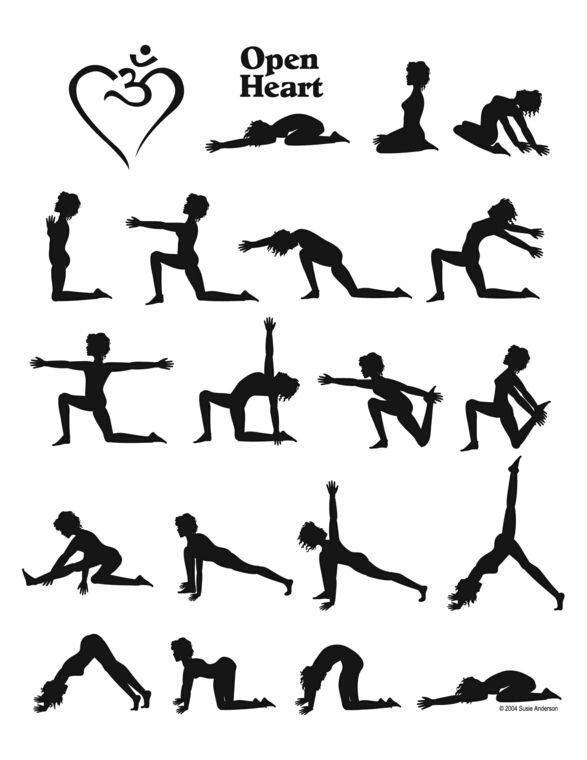 the silhouettes of people doing yoga poses in different positions, with words that say open heart