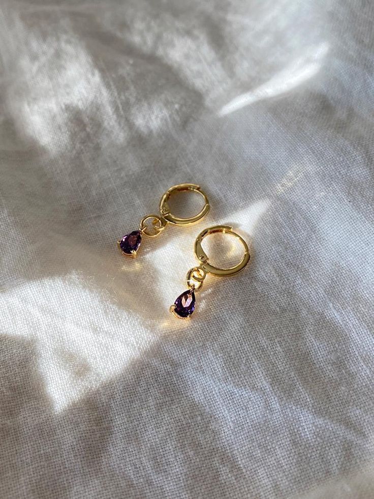 Amethyst huggie earrings Huggies hoop earrings with charm | Etsy Hoop Earrings With Charm, Hoops With Charms, Huggies Hoop Earrings, Earrings Huggies, Earrings Prom, Dainty Hoop Earrings, Prom Earrings, Small Hoop Earrings, Ruby Earrings