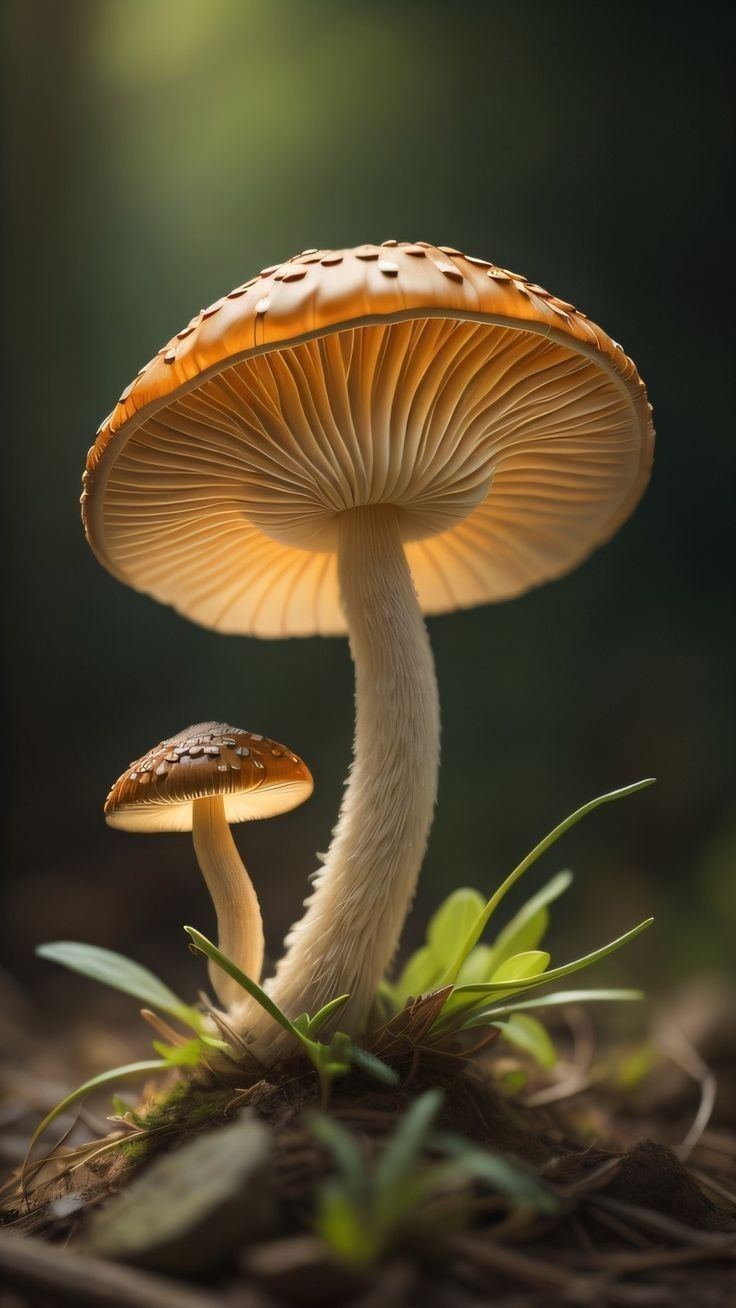 two mushrooms are sitting on the ground