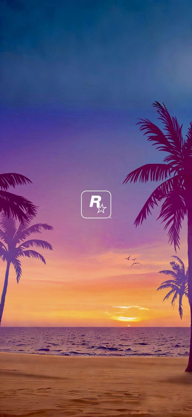 two palm trees are silhouetted against a colorful sunset on the beach with an emote