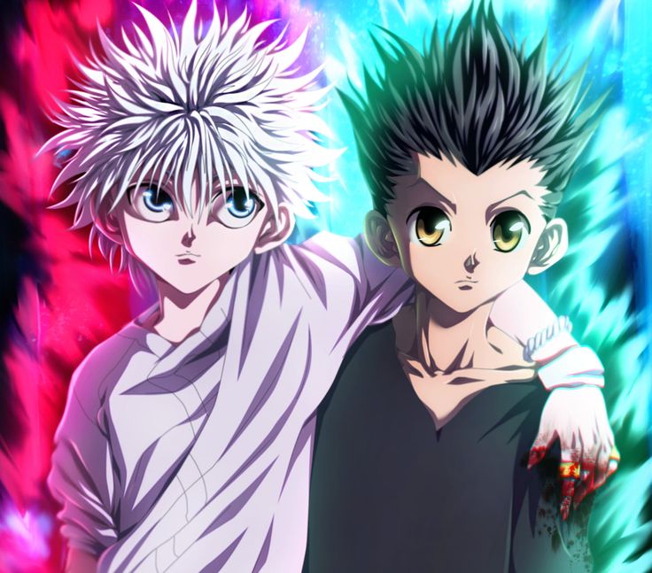 two anime characters standing next to each other in front of an abstract background with bright colors