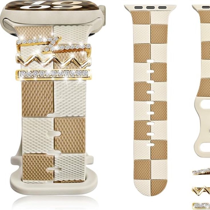 the gold and white watch strap is attached to an apple watch band with diamond accents