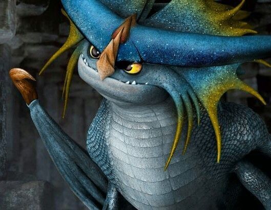 a blue and yellow dragon holding a piece of wood in its hand with it's eyes wide open