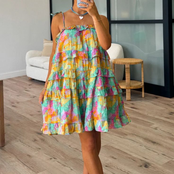 Splash Of Color Tiered Dress - Multicolor Casual Summer Multicolor Midi Dress, Casual Multicolor Midi Dress For Summer, Casual Colorful Ruffled Dresses, Multicolor Ruffled Sundress For Brunch, Vibrant Spring Dresses With Ruffles, Casual Tiered Sundress For Party, Multicolor Mini Sundress For Spring, Vibrant Mini Dress For Day Out, Multicolor Mini Length Dress For Vacation