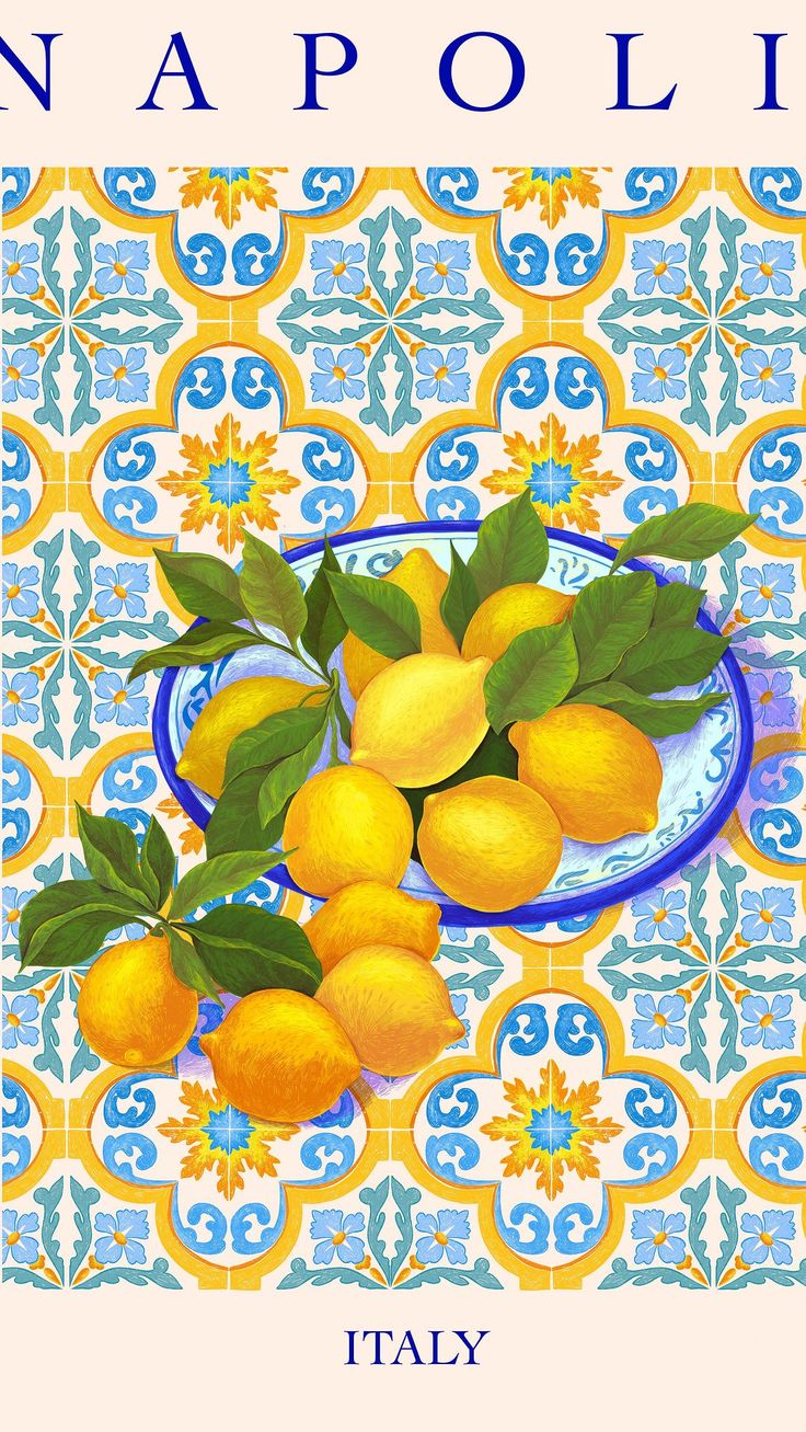 a painting of lemons on a blue and yellow plate with the word napoli in italian