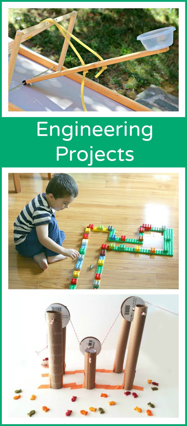 the book cover for engineering projects with two pictures of children playing and building wooden structures