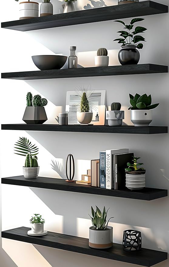 Amazon.com: HXSWY 36 Inch Rustic Floating Shelves Wall Mounted Farmhouse Wooden Wall Shelf for Bathroom Kitchen Bedroom Living Room Set of 5 Black : Home & Kitchen Feature Wall Shelves, Floating Shelves With Desk, Mens Dark Bedroom, Boys Room Floating Shelves, Dark Shelves In Living Room, Work Office Shelf Decor, Box Shelving Ideas, Cool Room Decor For Guys, Dark Office Decor