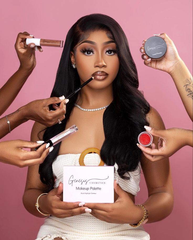 Makeup Brand Photoshoot Ideas Black Women, Group Makeup Photoshoot Ideas, Mua Business Photoshoot Ideas, Professional Makeup Photoshoot, Beauty Entrepreneur Photoshoot, Professional Makeup Artist Photoshoot, Cosmetic Business Photoshoot, Lights Camera Action Photoshoot, Mua Professional Photoshoot