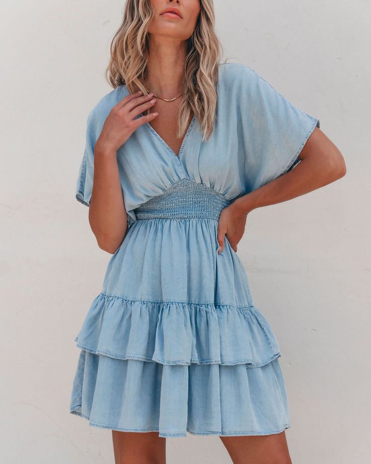 This Sylvie Smock Tiered Mini Dress in Chambray is made of 100% Tencel fabric for a soft and lightweight feel! With a dropped shoulder, smocked waist, and tiered mini length, this dress is both comfortable and stylish. Perfect for any occasion, it is easy to dress up or down. Pair with knee high boots, simple gold jewelry, and a cute little clutch for casual chic fall outfit! Casual Chic Fall Outfits, Casual Chic Fall, Simple Gold Jewelry, Chic Fall Outfit, Sorority Rush Outfits, Rush Outfits, Gameday Dress, Loungewear Dresses, Tiered Mini Dress