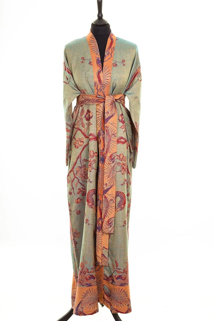 Womens Cashmere Silk Dressing Gown Green Orange Red Luxury - Etsy Luxury Elegant Robe With Shawl Collar, Luxury Maxi Length Kimono For Party, Luxury Vintage Silk Gown, Luxury Long Kimono For Fall, Luxury Long Sleeve Robe For Evening, Luxury Belted Women's Robe, Luxury Long Kimono For Formal Occasions, Luxury Silk Kaftan With Kimono Sleeves, Luxury Fitted Formal Robe