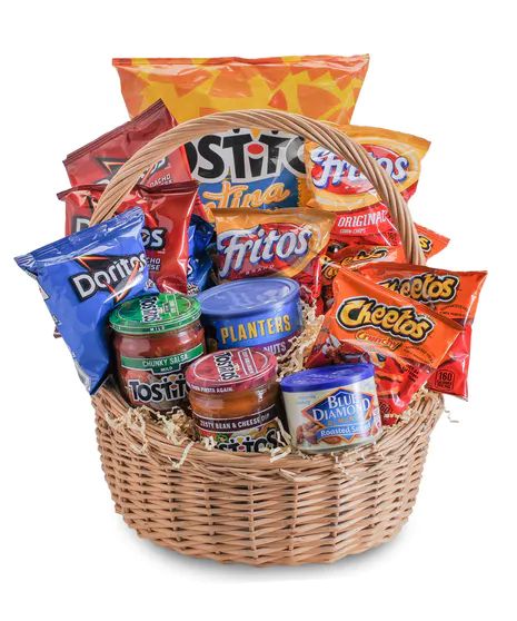 a basket filled with snacks and candy