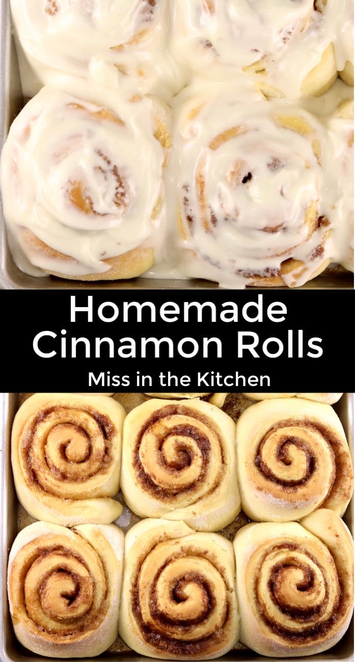 cinnamon rolls in a pan with the words homemade cinnamon rolls written on top and bottom