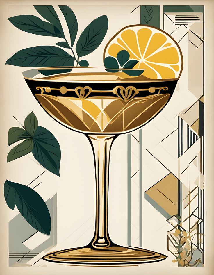 an illustration of a martini glass with lemons and leaves in it on a beige background