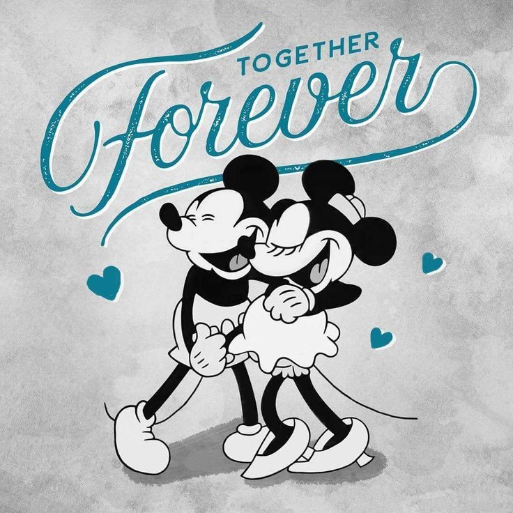 two mickey mouses hugging each other with the words together forever