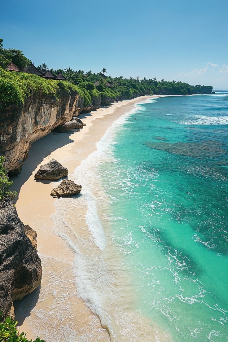 an aerial view of the beach and ocean near some cliffs with trees on top in the foreground