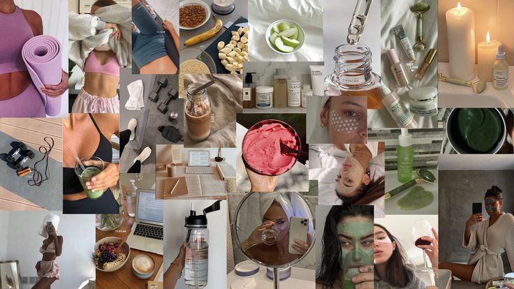 a collage of photos with different things in the middle and one woman's face