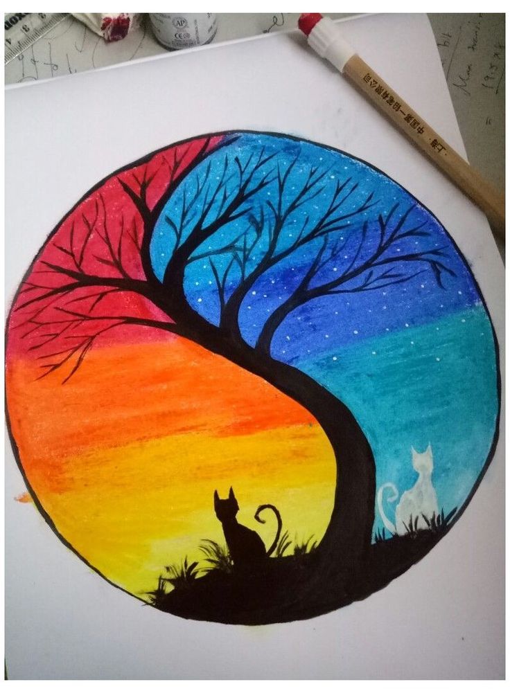 a drawing of a cat sitting in front of a tree with the moon and stars painted on it