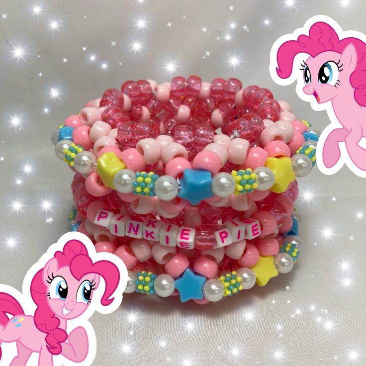 the pinkie pie bracelets are stacked on top of each other