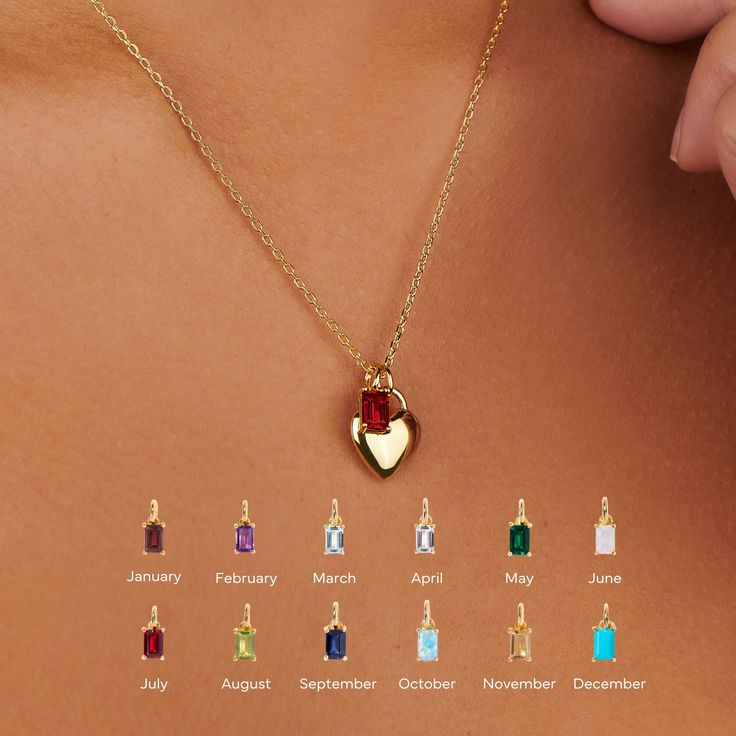 The personalized heart necklace with birthstone is an elegant, unique necklace and perfect as a personalized gift for her, this necklace is a heartfelt reminder of the moments and people that matter most.  Your choice of birthstone(s) that hangs on a delicate 18-inch cable chain with the heart pendant.  D E T A I L S - Materials: 14k gold over sterling silver. The charms and chain are 14k gold THICK plated, and they can last for a very long time with proper care.  - All of the birthstones are au Birth Stones Chart, Birthstone Charm Necklace, Valentines Day Gifts For Her, Unique Necklace, Birthstone Charms, Necklace Personalized, Initial Charm, Gold Plated Necklace, Unique Necklaces