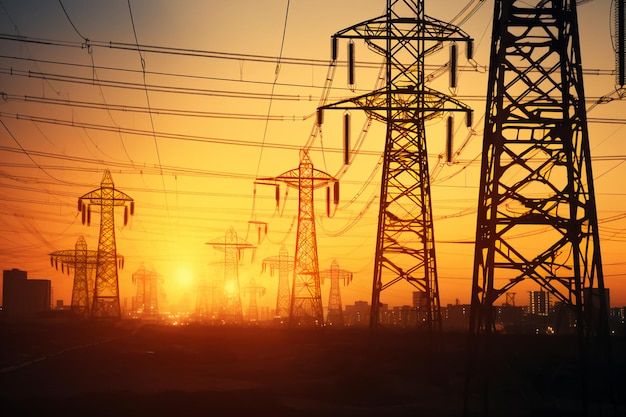 the sun is setting behind power lines in an area with high rise buildings and telephone poles