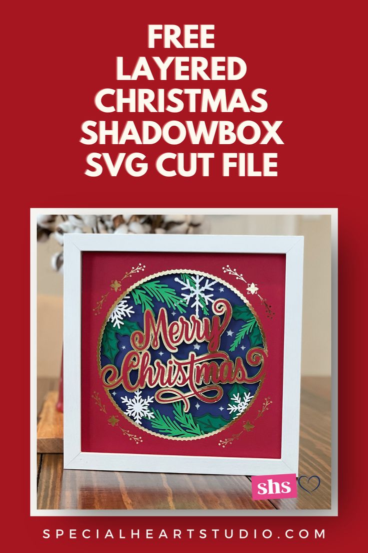 the free layered christmas shadow box svg cut file is shown in front of a red background