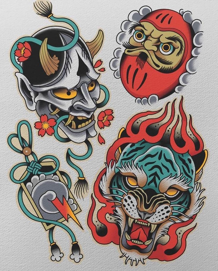 japanese tattoo designs Neo Traditional Tattoos Japanese, American Traditional Japanese Tattoo, Neo Trad Flash Sheet, Neo Traditional Flash Tattoo, Neo Traditional Flash Sheet, New School Japanese Tattoo, Meaningful Japanese Tattoos, Traditional Samurai Tattoo, Old School Japanese Tattoo