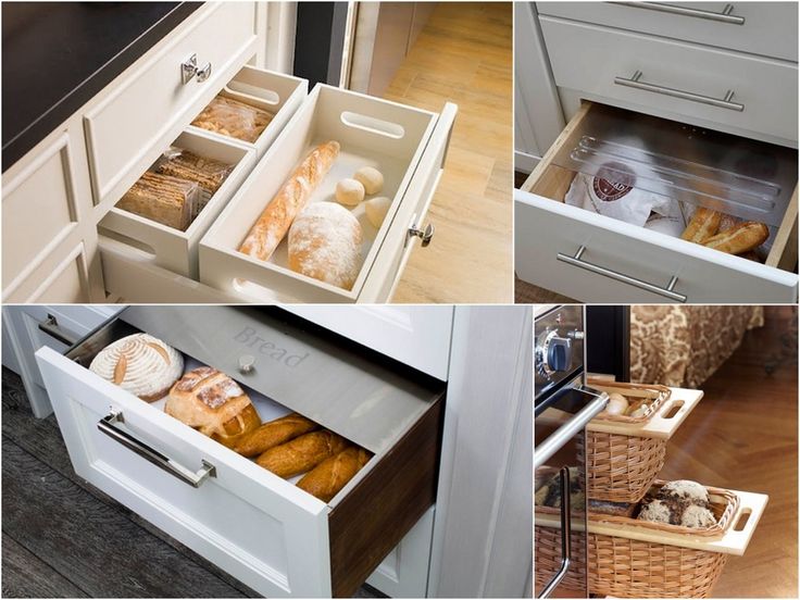 four pictures showing different types of breads and pastries in the drawer drawers, including croissants