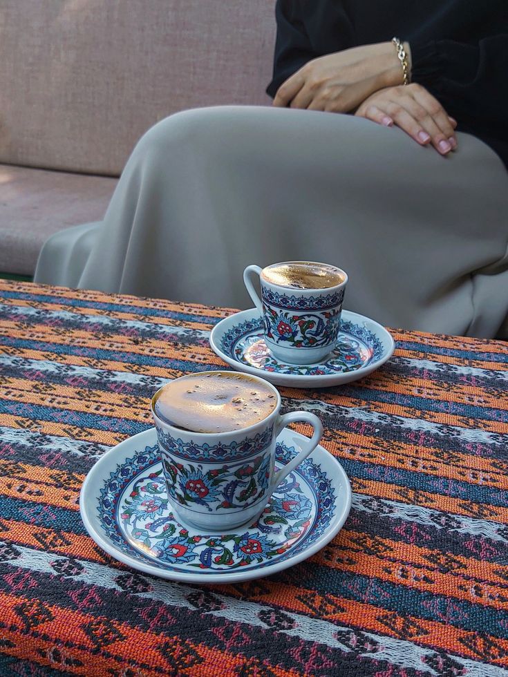 two cups and saucers sitting on top of a table