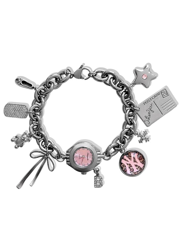 Sweet as can be ౨ৎ Introducing the 'ON THE WAY' charm bracelet - featuring the most precious pendants paired alongside a soft pink watch face, this accessory is bound to become a treasured piece in your jewelry collection. Trust us, compliments are waiting... ♡ Made with stainless steel chain, cubic zirconia and stainless steel pendants. ♡ Battery powered watch face (battery included). ♡ Included charms: Ballet slipper, CZ tag, teddy bear, ribbon bow, custom CZ letter, custom photo charm, CZ cro Pink Watch Face, Star Locket, Charm Watch, Xoxo Jewelry, Charm Bracelet Watch, Pink Watch, Jewelry Accessories Ideas, Customized Jewelry, Dope Jewelry