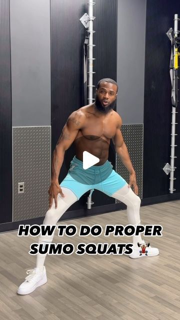 a man standing in front of a mirror with the words how to do proper sumo squats