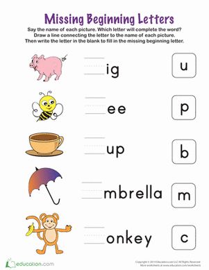 missing beginning letters worksheet with pictures to help students learn how to spell the letter