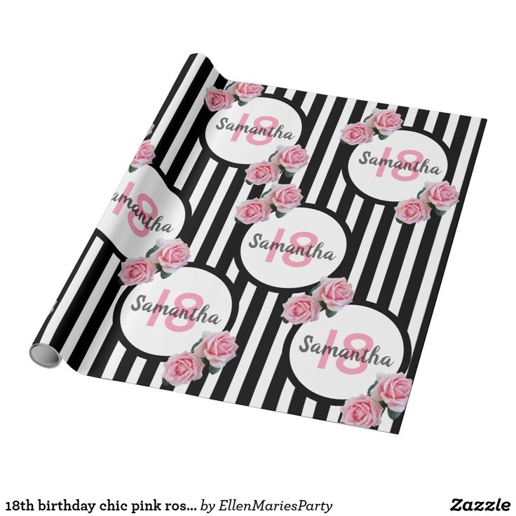 black and white striped wrapping paper with pink roses on the front, personalized for someone's 10th birthday