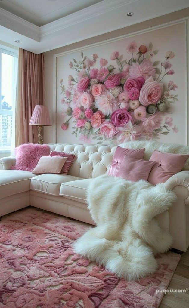 a living room decorated in pink and white with flowers on the wall above the couch