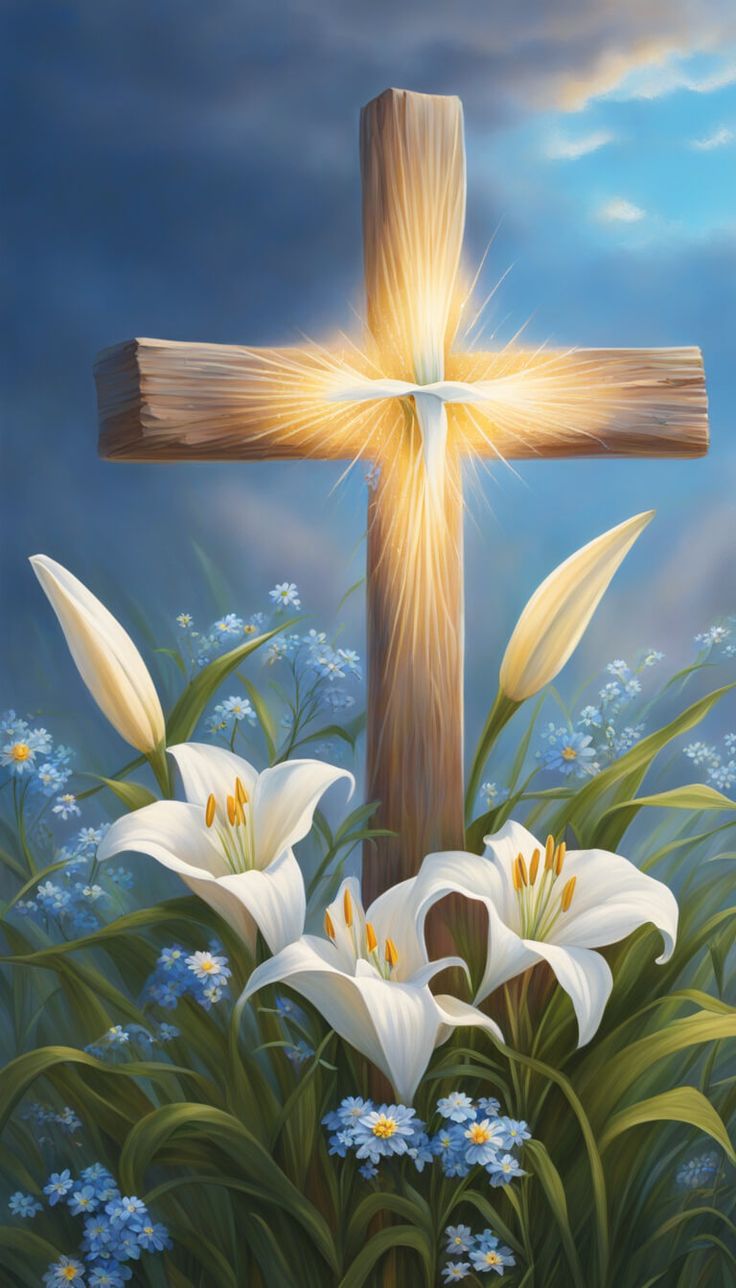 a painting of flowers and a cross in the sky