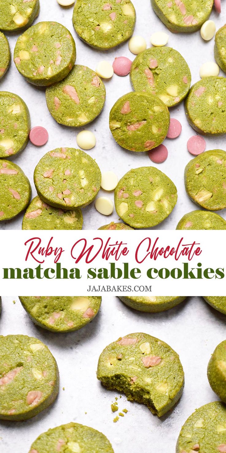 green cookies with pink and white sprinkles are on a baking sheet in front of the words ruby white chocolate match sale cookies