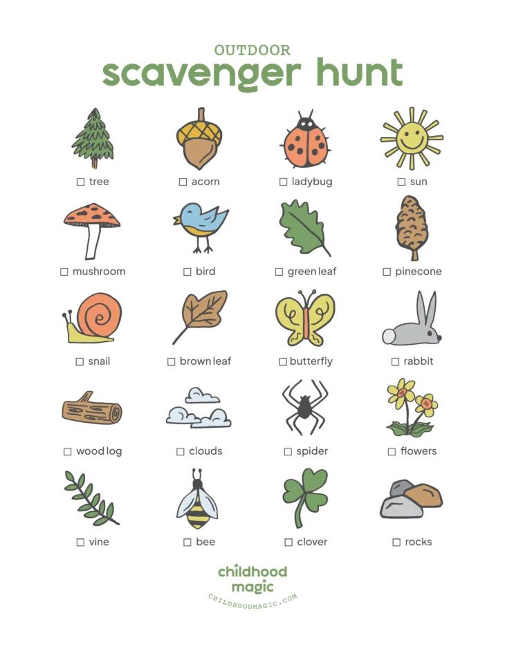 an outdoor scavenger hunt is shown in this printable activity sheet for kids